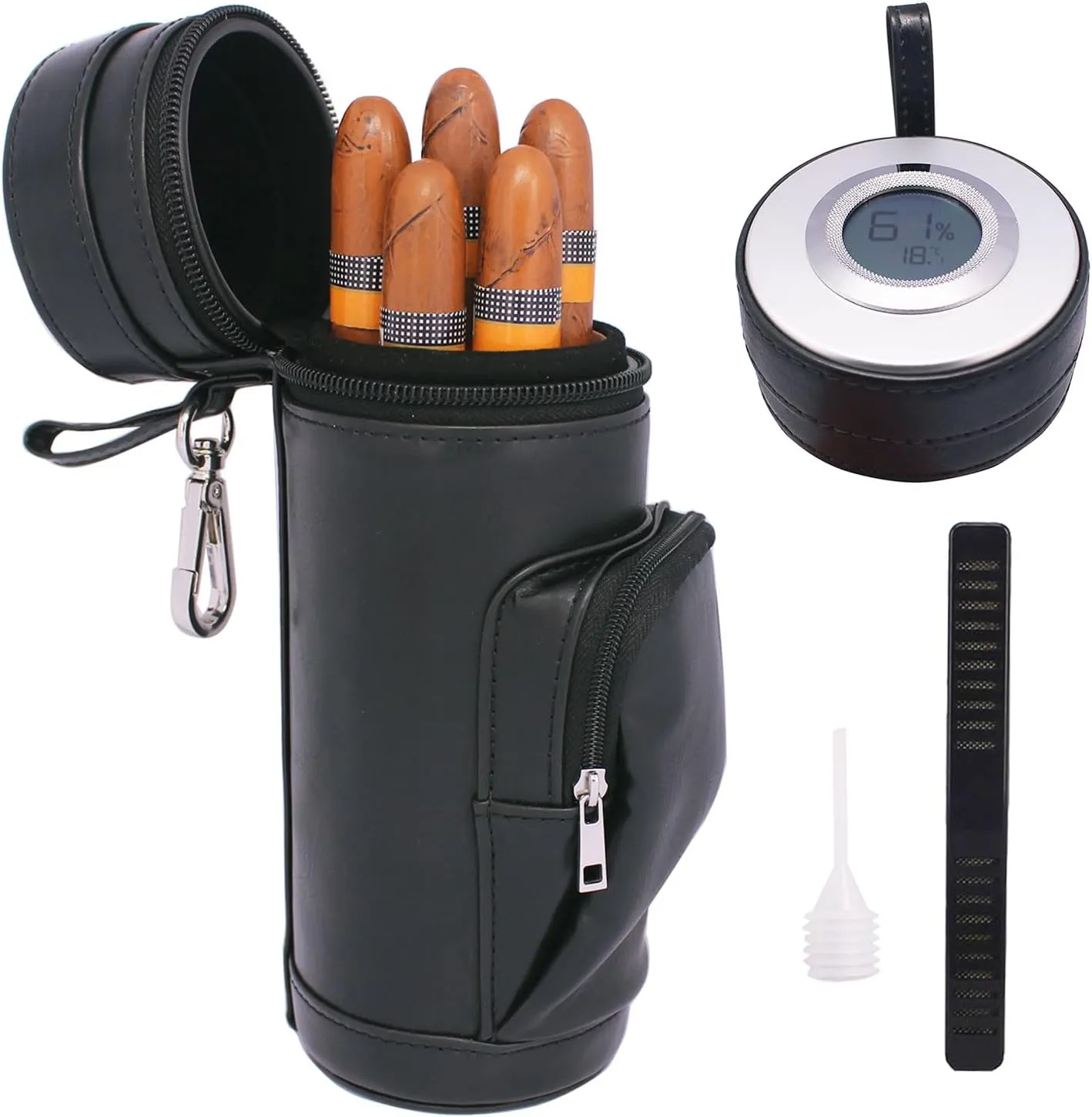 AMANCY Deluxe Top Lined Silver Metal Leather Cigar Travel Humidor Case, Cylindrical Silver Cigar Holder Jar with Accurate Digital Hygrometer (Black)