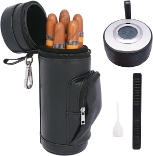 AMANCY Deluxe Top Lined Silver Metal Leather Cigar Travel Humidor Case, Cylindrical Silver Cigar Holder Jar with Accurate Digital Hygrometer (Black)