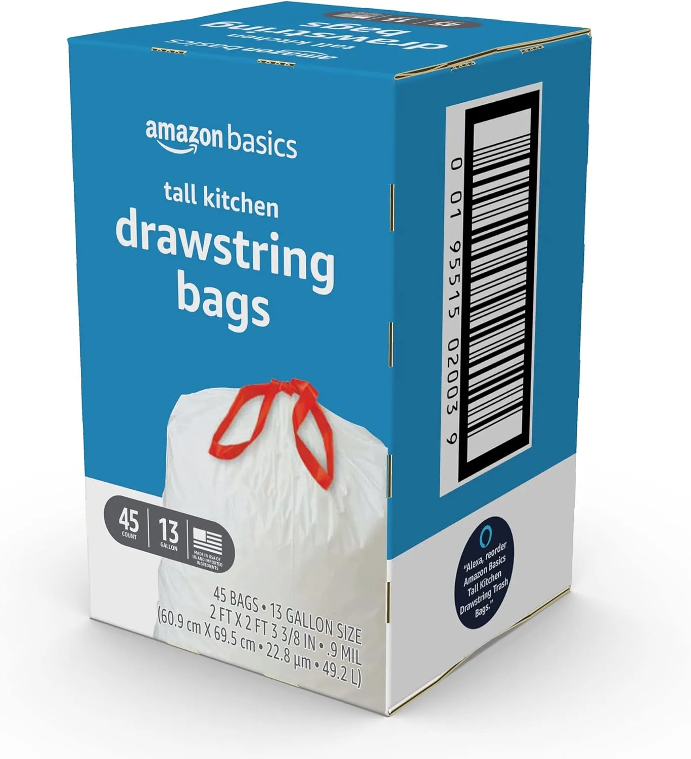 Amazon Basics Trash Bags, Tall Kitchen Drawstring, Unscented, 13 Gallon, 45 Count, Pack of 1
