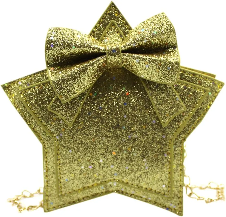 ANKOMINA Women Girls Glitter Star Shape Crossbody Purse Handbag Small Bowknot Chain Bag Princess Messenger Bag