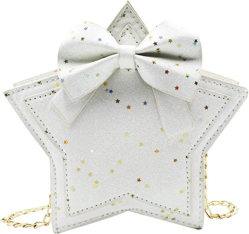 ANKOMINA Women Girls Glitter Star Shape Crossbody Purse Handbag Small Bowknot Chain Bag Princess Messenger Bag