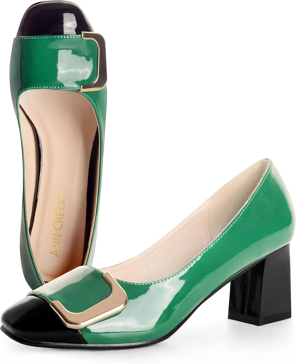 ANN CREEK Women's Pumps 'Angela' Shoes for Women Dressy Low Heel Rush Hour Office Shoes Two Tone Womens Pumps Square Toe 2.4 Inch Chunky Heel Slip On