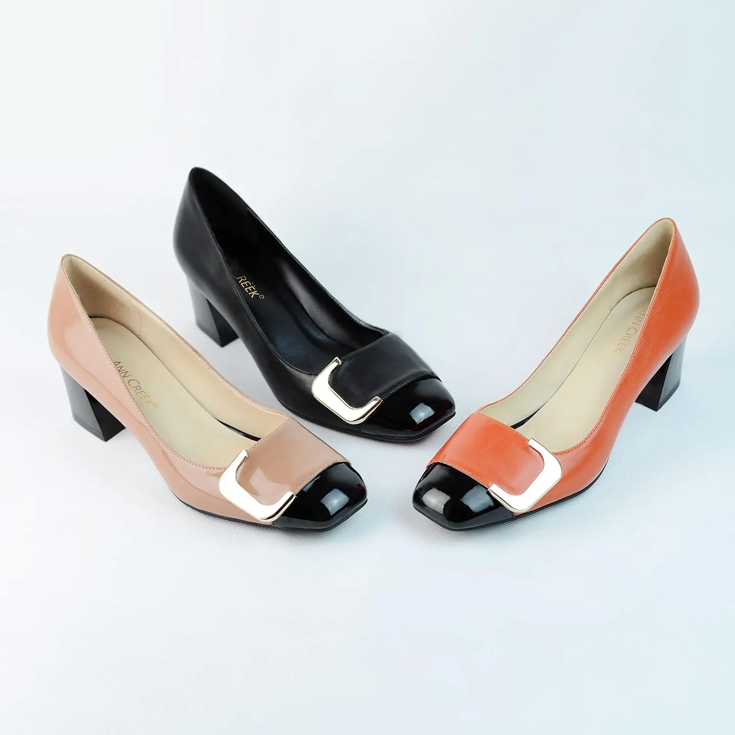 ANN CREEK Women's Pumps 'Angela' Shoes for Women Dressy Low Heel Rush Hour Office Shoes Two Tone Womens Pumps Square Toe 2.4 Inch Chunky Heel Slip On