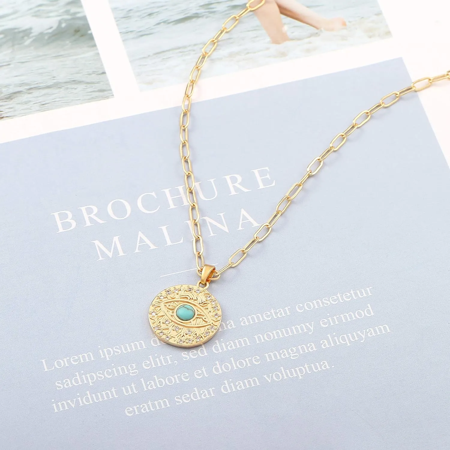 Aobei Pearl 18K Gold Moon Star Lion Evil Eye Love Heart Cross Pendant Necklace Medallion Paperclip Chian Choker Layering Jewery for Women