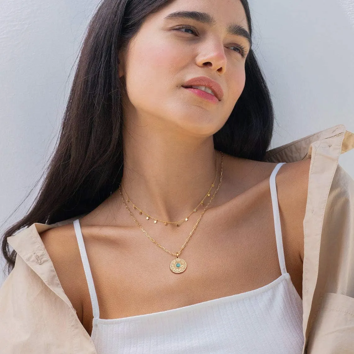 Aobei Pearl 18K Gold Moon Star Lion Evil Eye Love Heart Cross Pendant Necklace Medallion Paperclip Chian Choker Layering Jewery for Women
