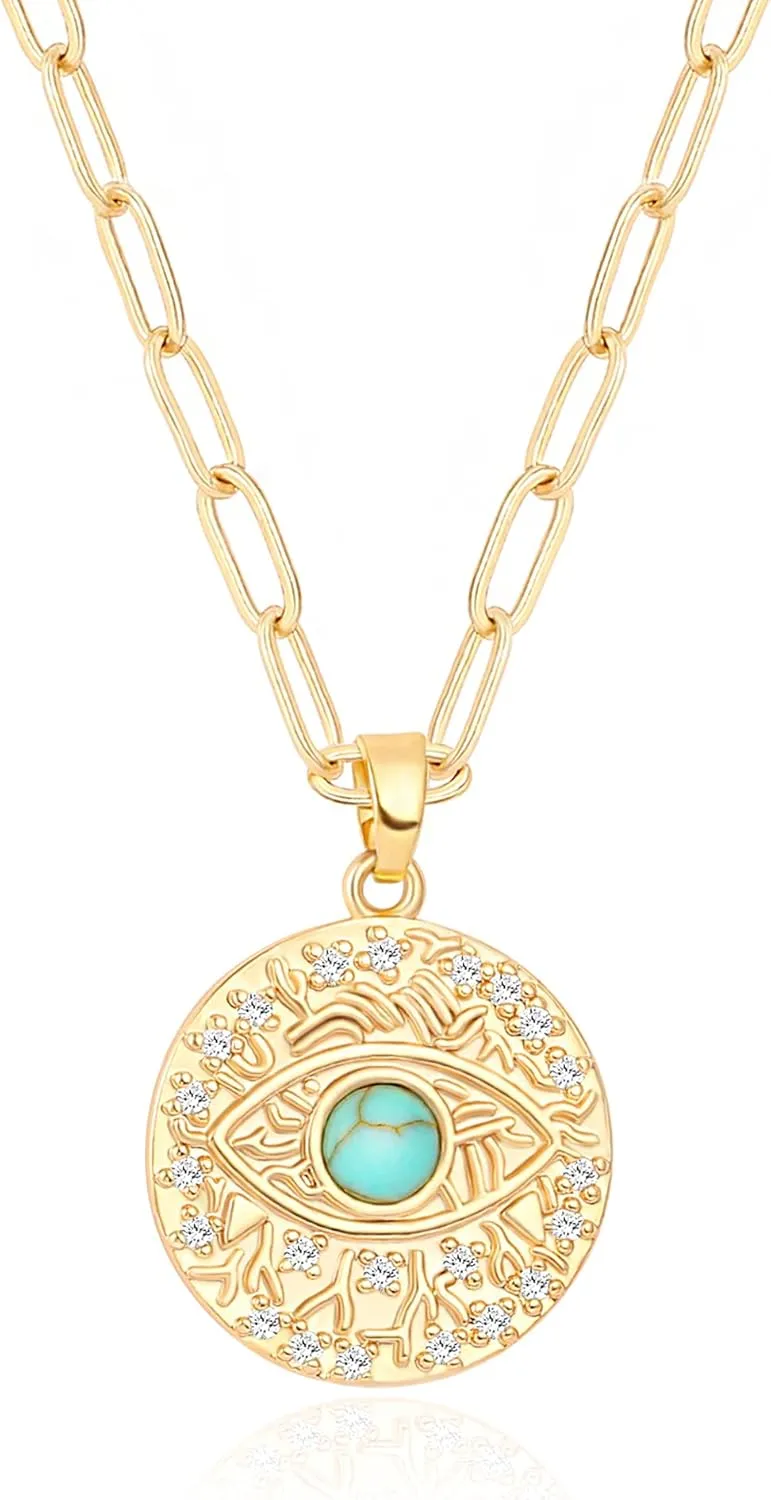 Aobei Pearl 18K Gold Moon Star Lion Evil Eye Love Heart Cross Pendant Necklace Medallion Paperclip Chian Choker Layering Jewery for Women