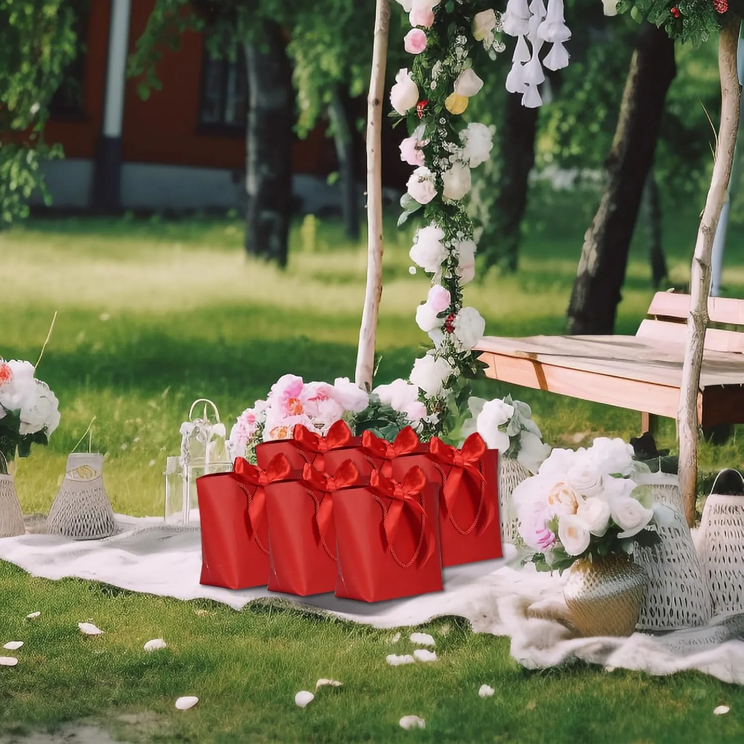 Aosric Small Red Gift Bags with Handles, 12PCS Portable Paper Gift Wraps with Ribbon, Durable and Sturdy, Present Bags for Party, Birthday, Christmas, Easter, Wedding, Mother's Day, Valentine's Day