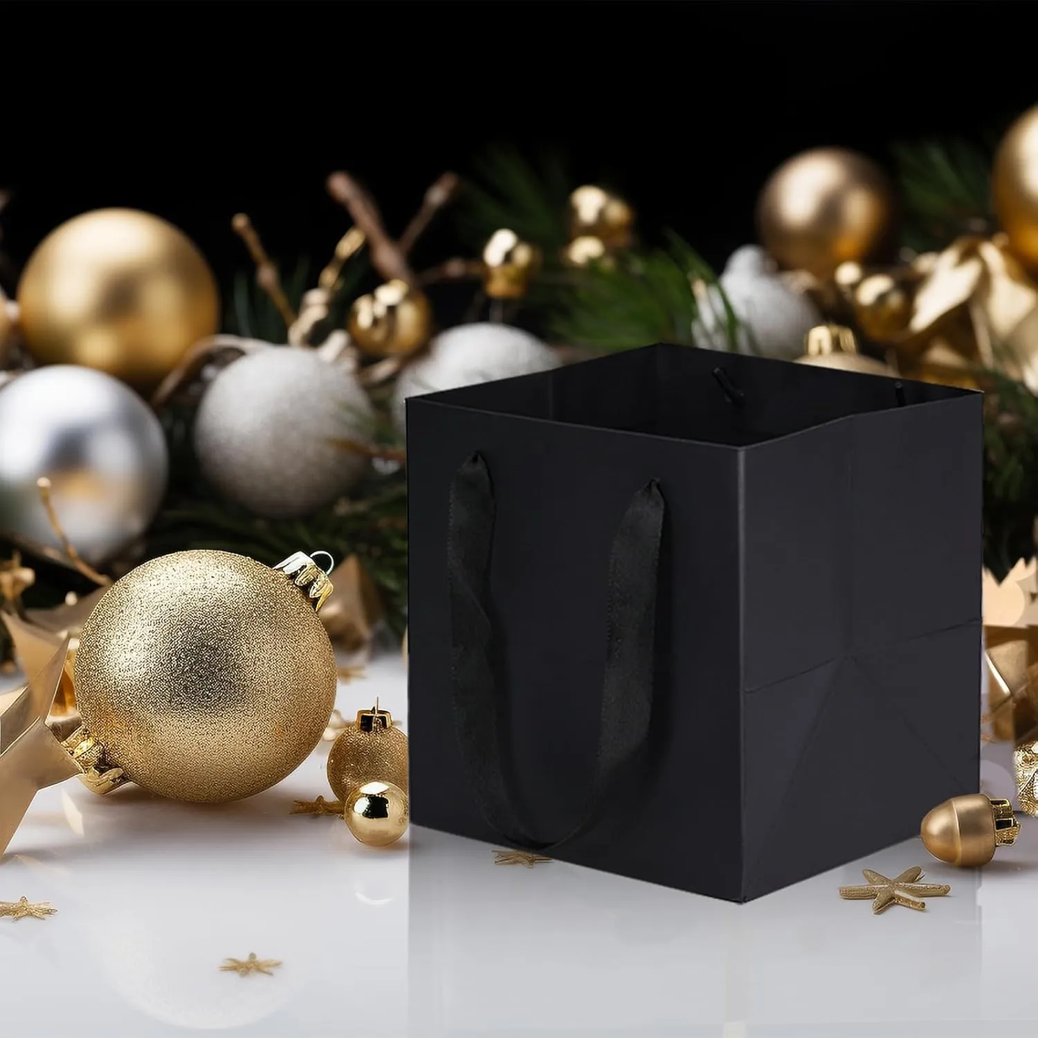 Aosric Square Black Gift Bags with Handles, 12 Pcs 6"x6"x6" Durable, Reusable, Small Cardstock Paper Goodie Bags for Party Favors, Christmas, Baby Shower, Birthday, Wedding, Shopping, and Retail Use