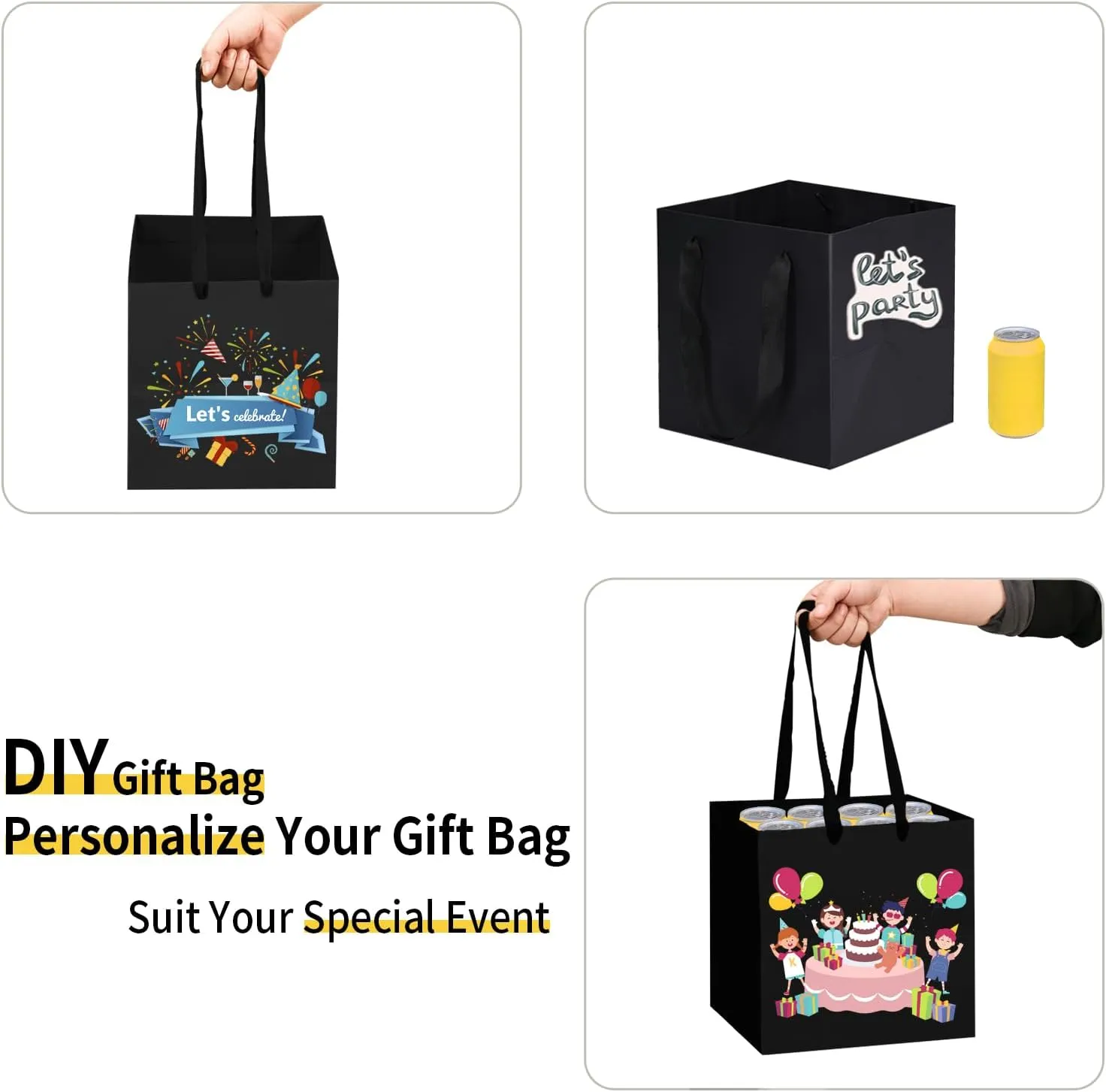 Aosric Square Black Gift Bags with Handles, 12 Pcs 6"x6"x6" Durable, Reusable, Small Cardstock Paper Goodie Bags for Party Favors, Christmas, Baby Shower, Birthday, Wedding, Shopping, and Retail Use