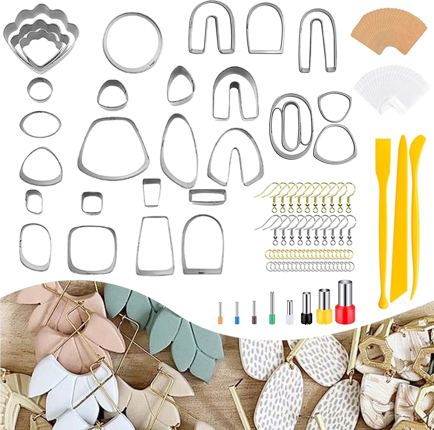 Apiemo 138 Pcs Polymer Clay Cutters Set, Classic Shapes Clay Earring Cutters Molds for Polymer Clay Earring Jewelry Making with Earring Cards Bag, Earring Hooks, Jump Rings