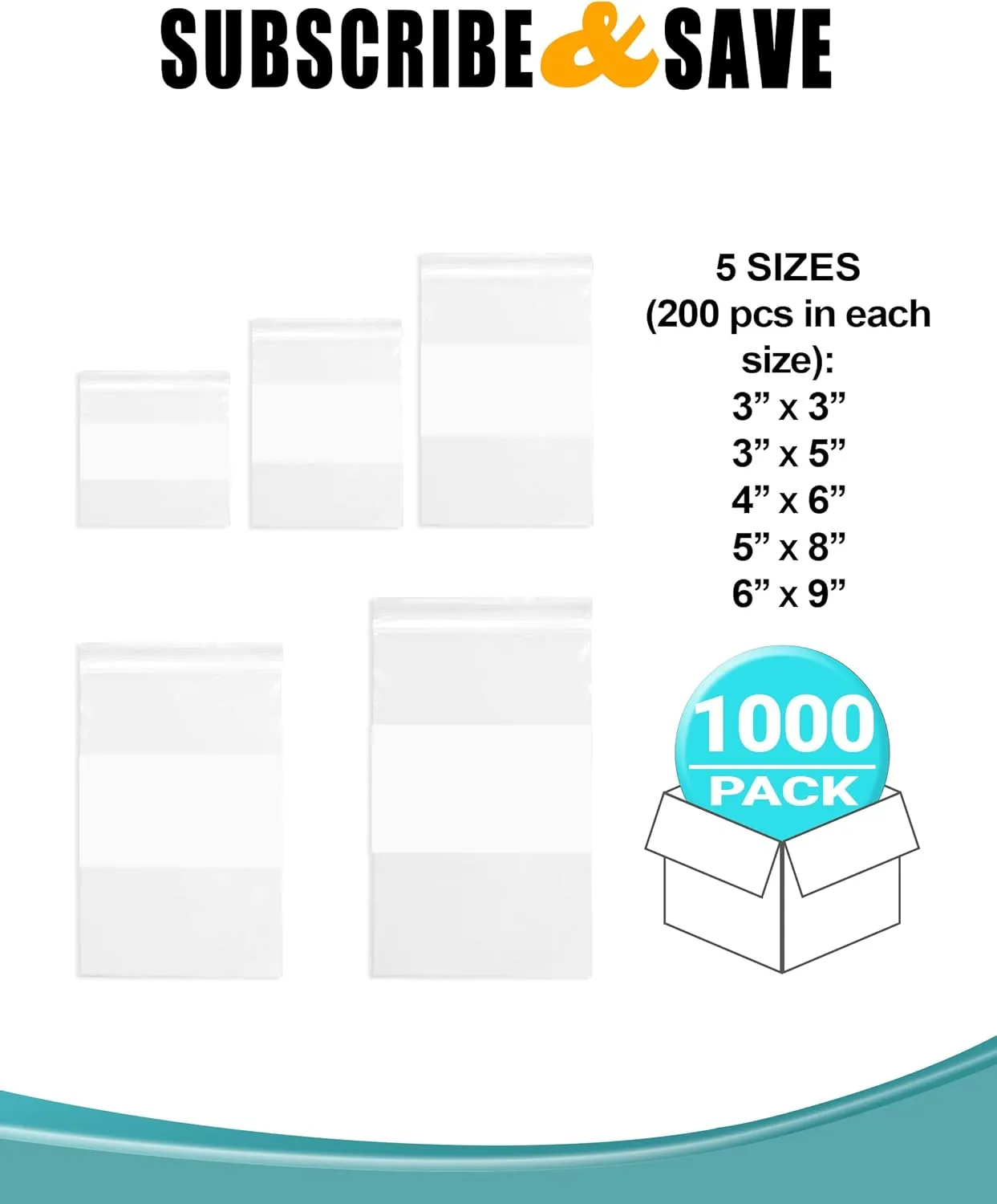 APQ White Block Zipper Bags 5 Sizes. Assortment Pack of 1000 Clear Write on Block Seal Top Bags. 4 mil Thick Zip top Bags for Shipping and Storage. Resealable, Reclosable
