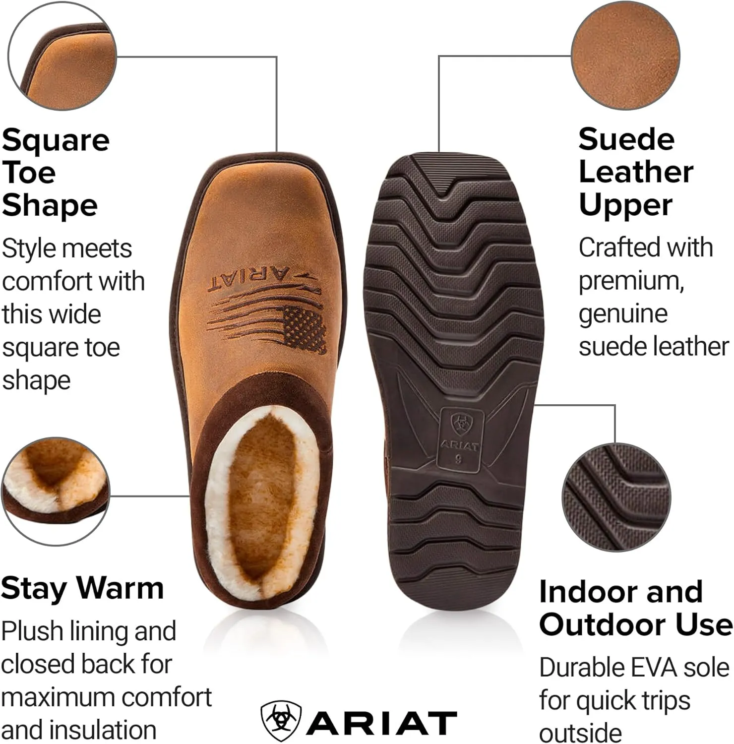 ARIAT Men's House Slippers, Patriot Square Toe, Leather with Faux Shearling Lining