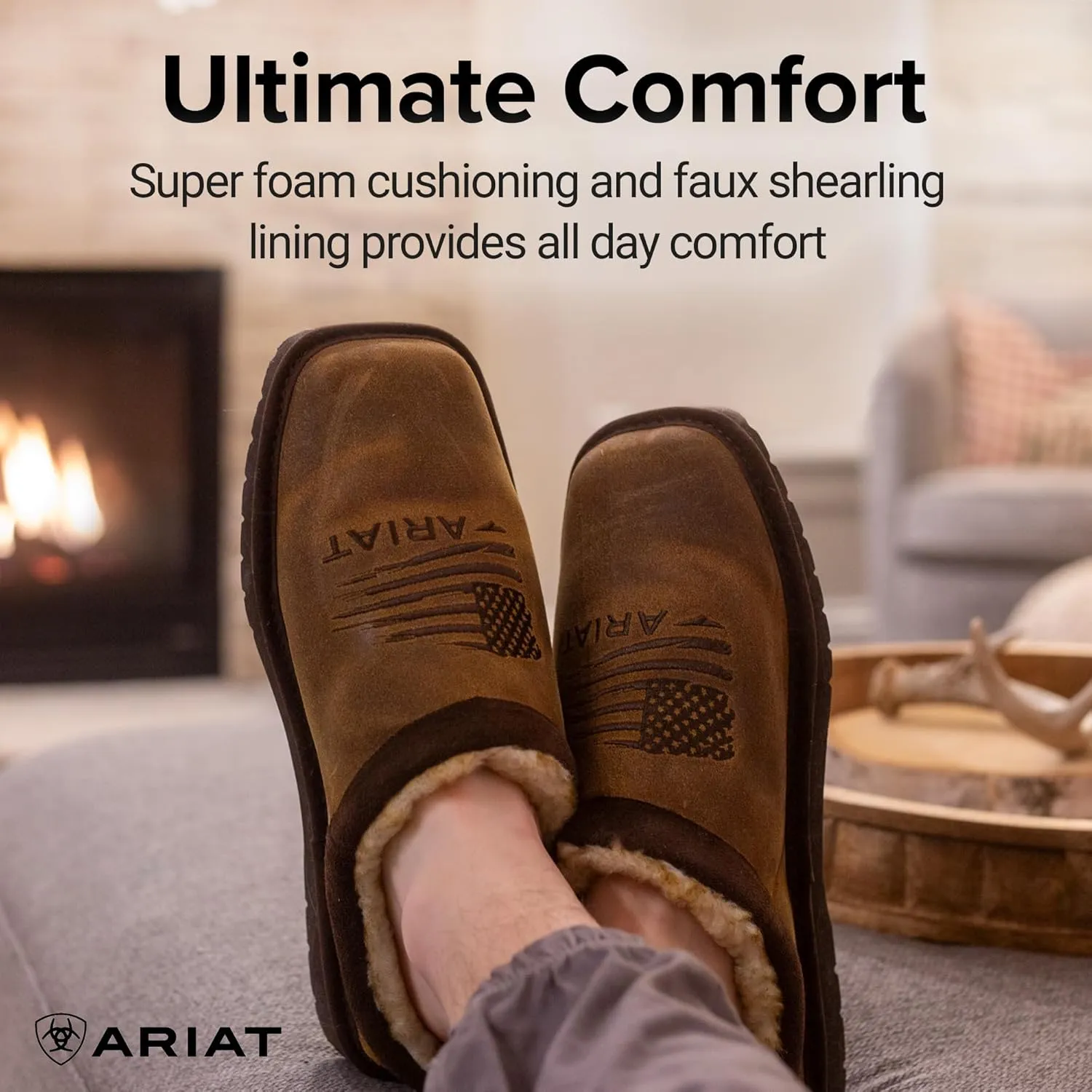 ARIAT Men's House Slippers, Patriot Square Toe, Leather with Faux Shearling Lining