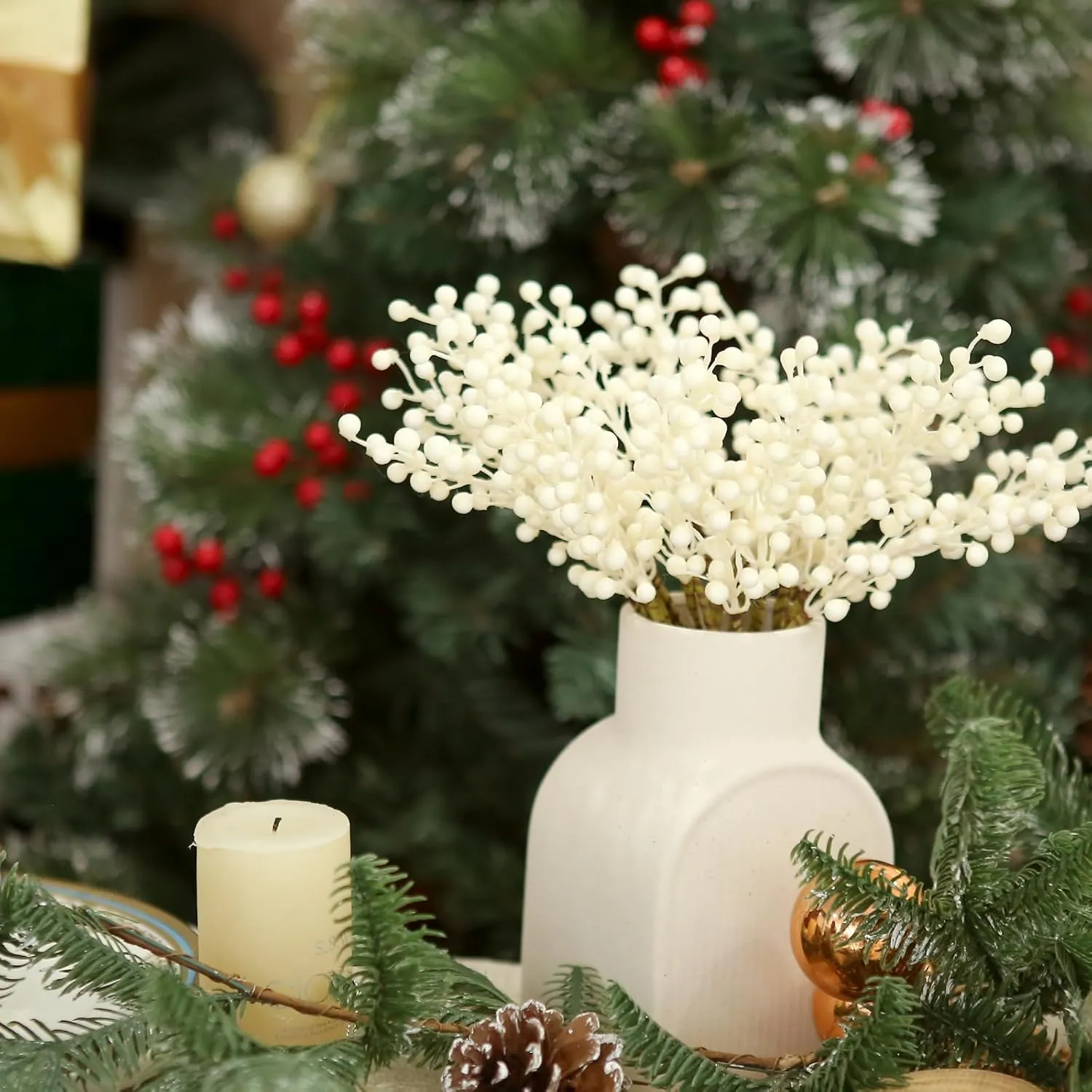 Artificial White Berry, 8 Pack Holly Christmas Berries Stems for Christmas Tree, New Year's Decorations, Holiday Crafts (White)