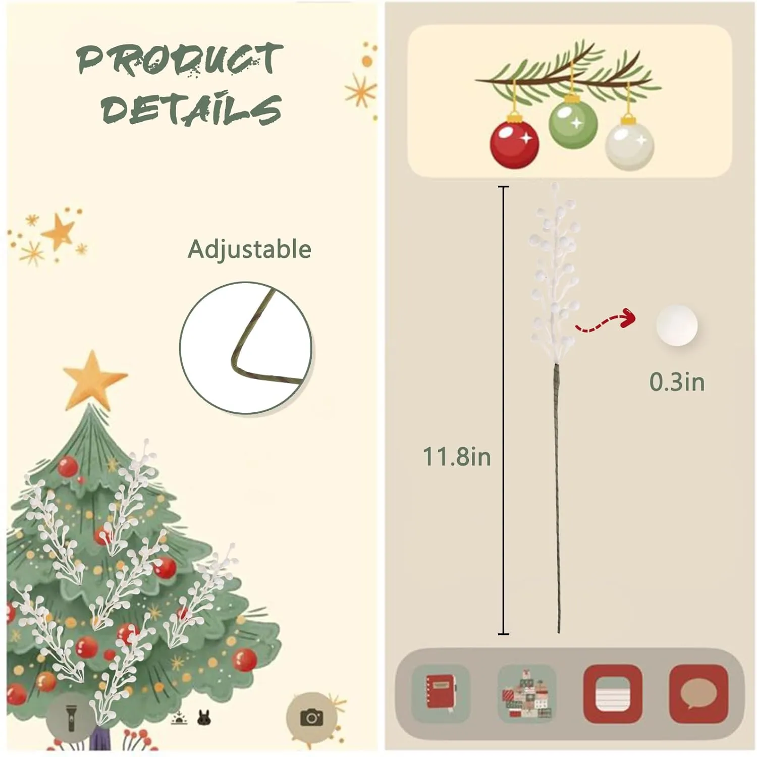 Artificial White Berry, 8 Pack Holly Christmas Berries Stems for Christmas Tree, New Year's Decorations, Holiday Crafts (White)
