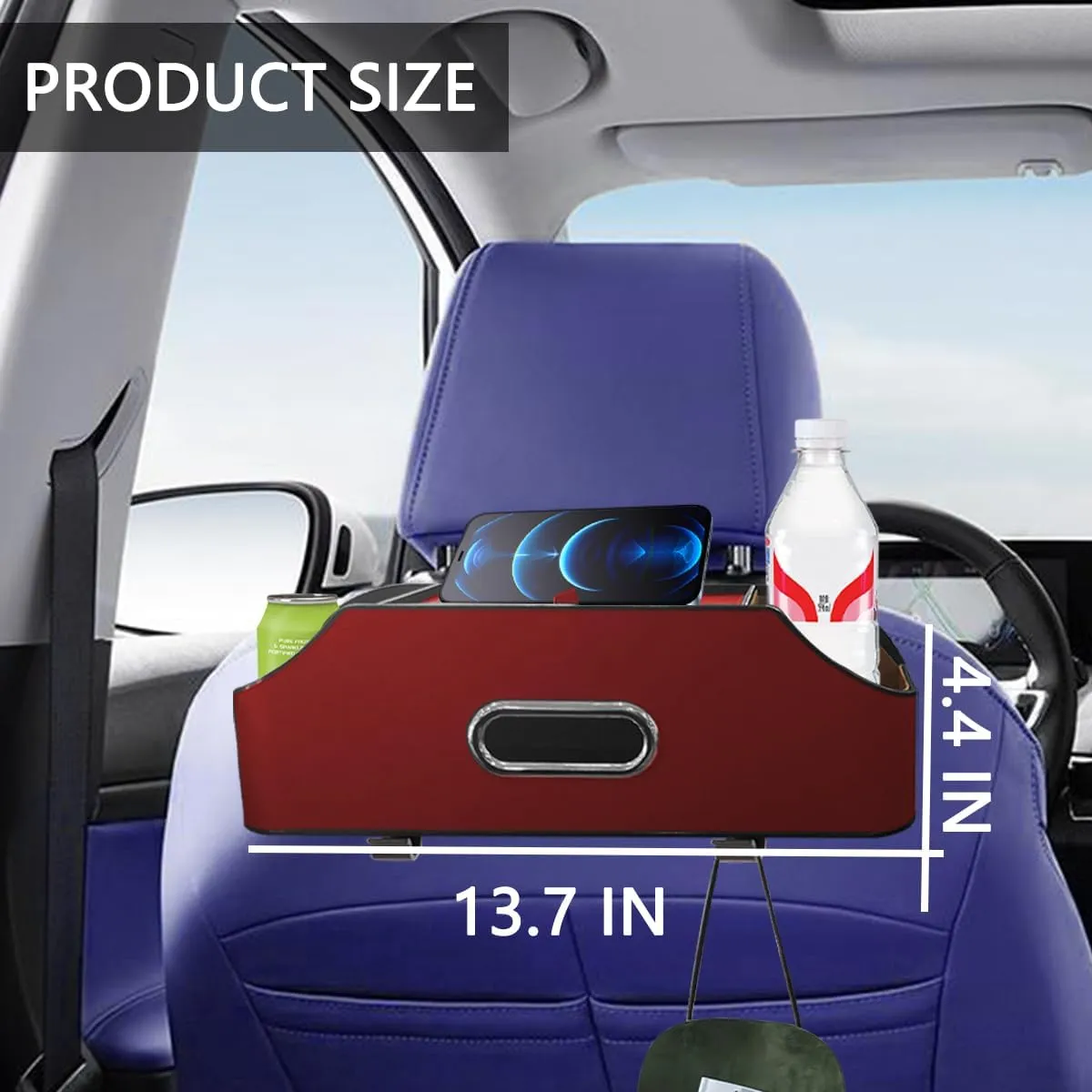 AUCELI Car Seat Back Organizer with Cup Holder and Tissue Box, Headrest Hanging Storage Box with Hooks and Phone Holder, Multi-Function Travel Tray for Kids, Road Trip Car Accessories
