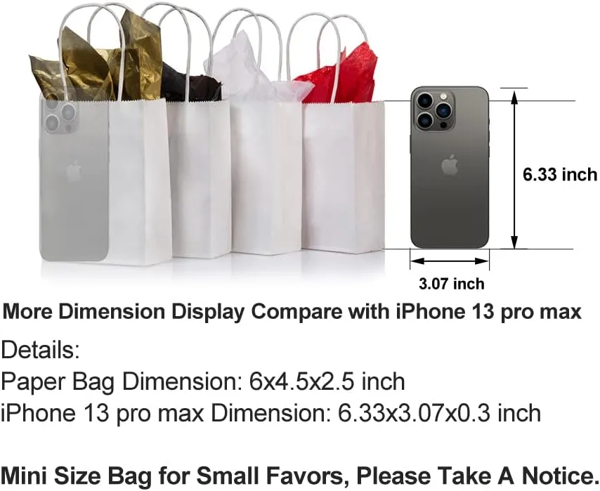 AWELL Mini Size White Paper Bag with Handle Bulk Party Favor Bag 6x4.5x2.5 inch for Birthday New Year Halloween Graduation Recycled Bag, 50 Counts