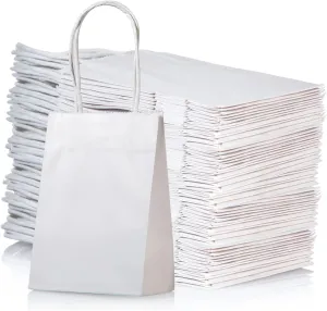 AWELL Mini Size White Paper Bag with Handle Bulk Party Favor Bag 6x4.5x2.5 inch for Birthday New Year Halloween Graduation Recycled Bag, 50 Counts