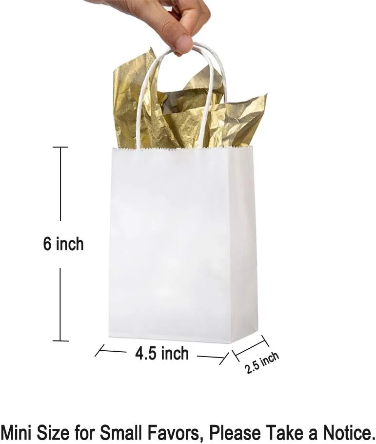 AWELL Mini Size White Paper Bag with Handle Bulk Party Favor Bag 6x4.5x2.5 inch for Birthday New Year Halloween Graduation Recycled Bag, 50 Counts