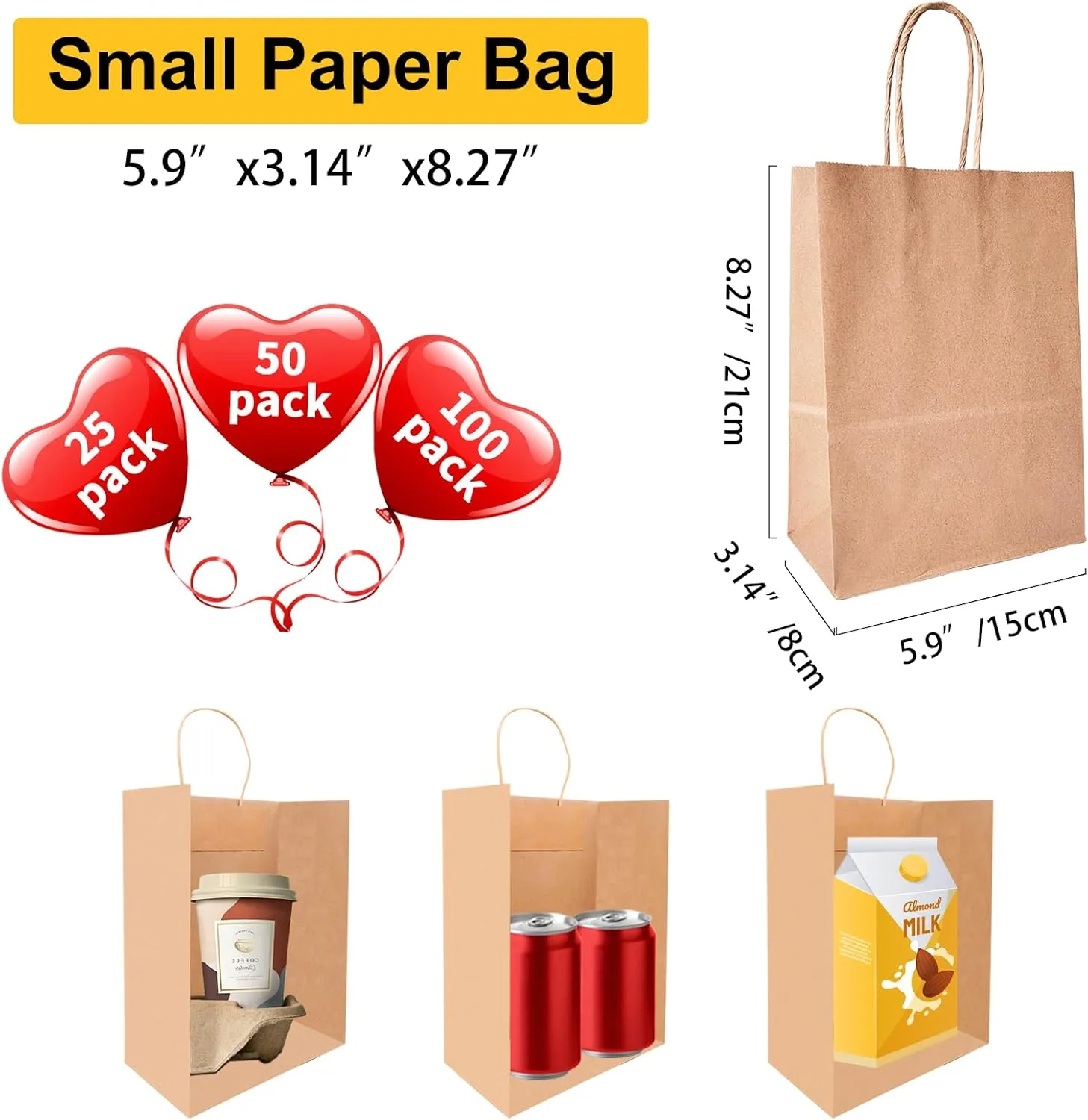 BAG BOX 100 Pcs Small 5.9x3.1x8.25 Inch Brown Kraft Paper Gift Bags with Handles for Bulk Wedding, Party Favors, Grocery, Shopping, Retail Merchandise, Gift Sacks
