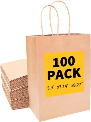 BAG BOX 100 Pcs Small 5.9x3.1x8.25 Inch Brown Kraft Paper Gift Bags with Handles for Bulk Wedding, Party Favors, Grocery, Shopping, Retail Merchandise, Gift Sacks