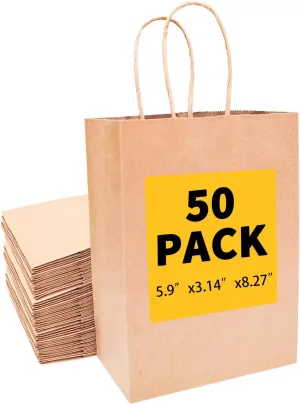 BAG BOX 50Pack Brown Paper Bags, Kraft Paper Small Bags with Handles Bulk for Birthday Party Favors Grocery Retail Shopping Business Goody Craft Bags Cub