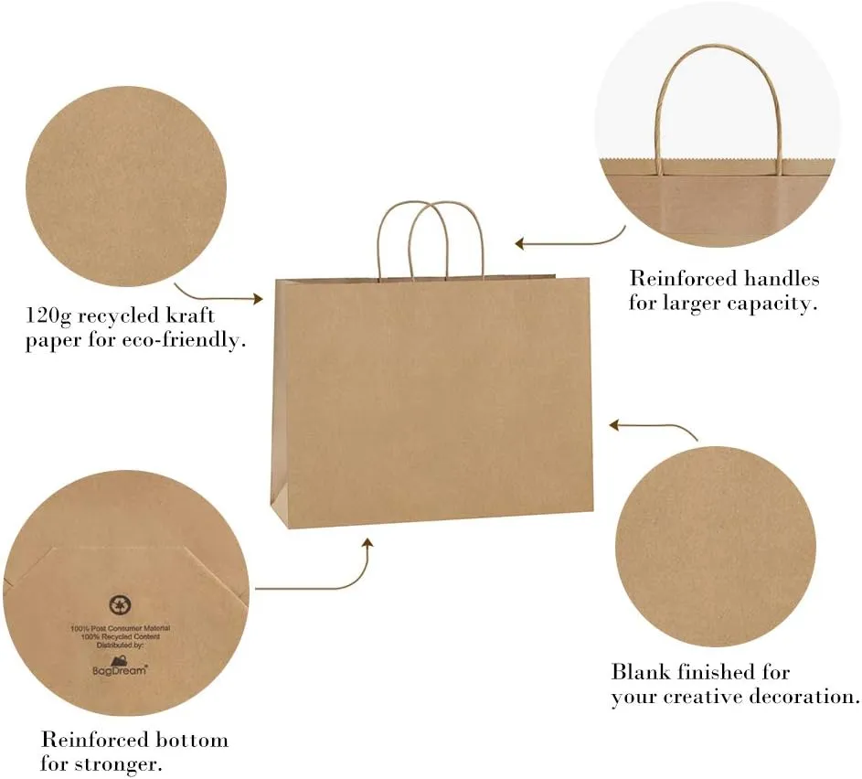 BagDream 100Pcs 16x6x12 Inches Kraft Paper Bags with Handles Bulk Shopping Bags for Gifts, Grocery, Merchandise, Recycled Large Brown Paper Sacks