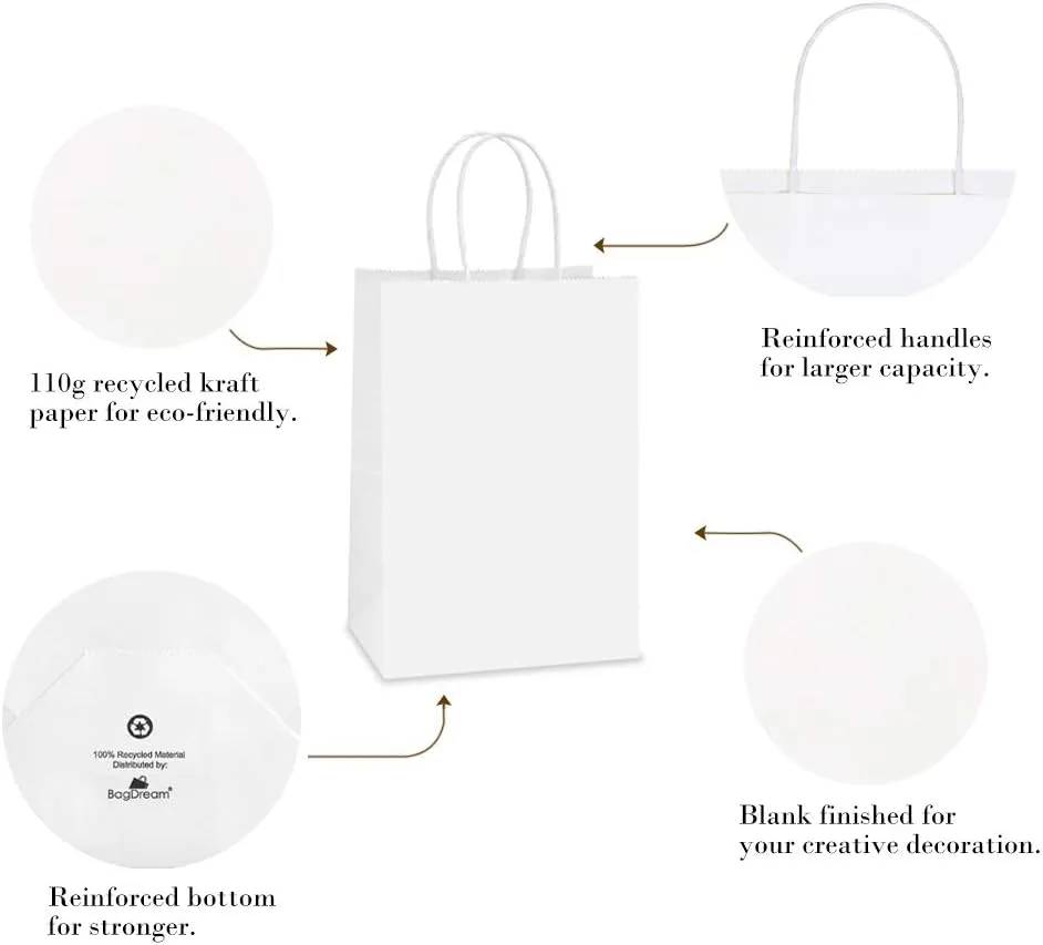 BagDream Gift Bags 100Pcs 5.25x3x8 Small Kraft Paper Gift Bags with Handles Bulk, White Paper Sacks for Wedding Birthday Party favor, Retail, Merchandise, Small Grocery
