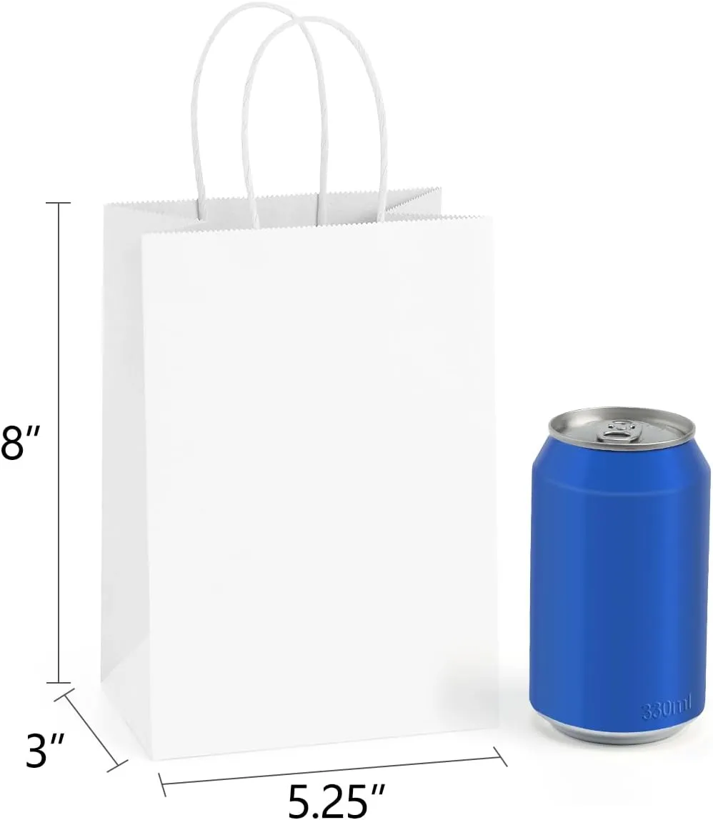 BagDream Gift Bags 100Pcs 5.25x3x8 Small Kraft Paper Gift Bags with Handles Bulk, White Paper Sacks for Wedding Birthday Party favor, Retail, Merchandise, Small Grocery