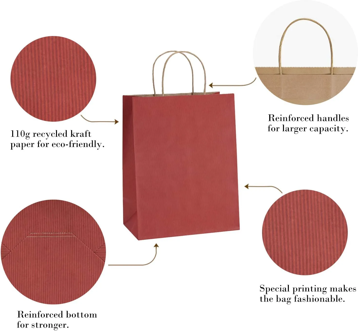 BagDream Gift Bags 8x4.25x10.5 100Pcs Kraft Paper Bags with Handles Bulk, for Shopping, Retail, Merchandise, Gifts, Party Favor, Recycled Red Paper Sacks