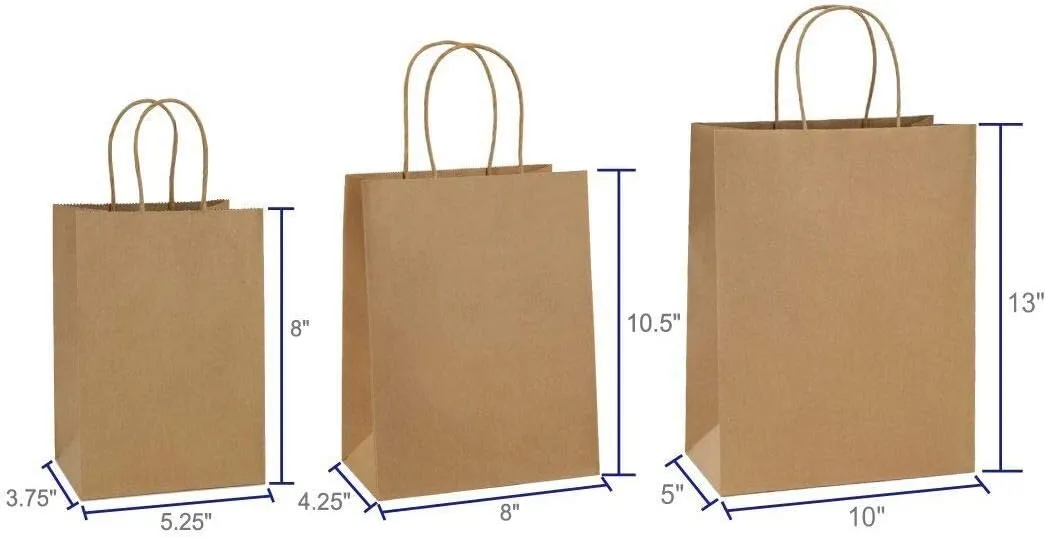 BagDream Kraft Paper Bags 5x3x8, 8x4.25x10.5, 10x5x13 - 25 Pcs Each, Gift Bags with Handles, Recyclable, Undecorated, Multi-Use