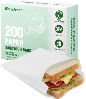 BagDream Paper Sandwich Bags 7.9x6.3x1.96 Inches 200ct Sealable with Thank You Stickers, White Glassine Paper Sack Bags for Sandwich, Food Storage,Treat, Cookies, Burger