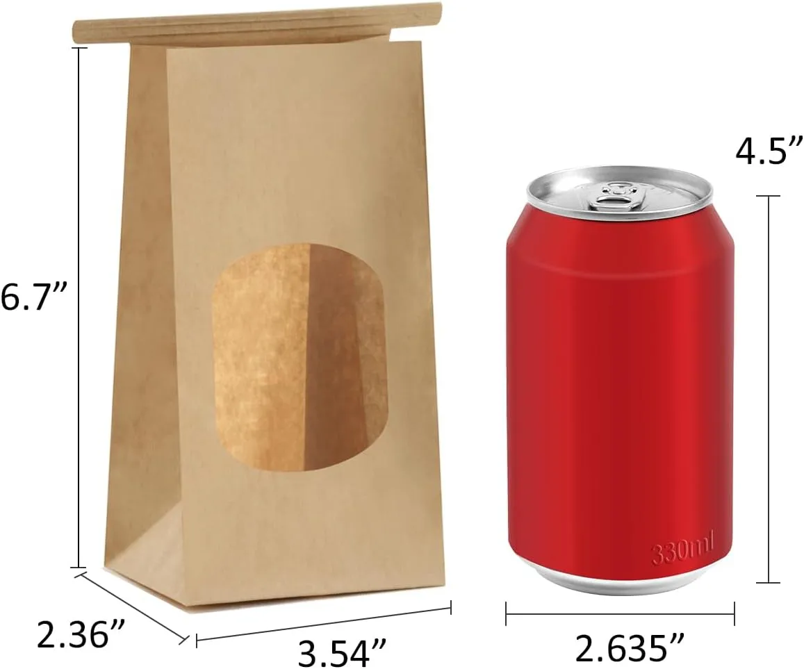 BagDream Small Bakery Bags with Window 50Pcs 3.54x2.36x6.7 Inches Window Tin Tie Tab Lock Kraft Brown Paper Bags for Coffee Bean, Cookies, Treat, Snack