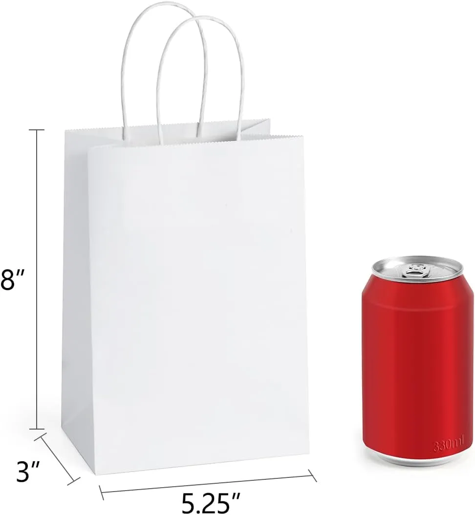 BagDream Small Gift Bags with Handles 50Pcs 5.25x3x8 Inches Kraft Paper Bags Bulk for Party Favor, Retail, Merchandise, Wedding, Gifts, Recyclable White Paper Sacks