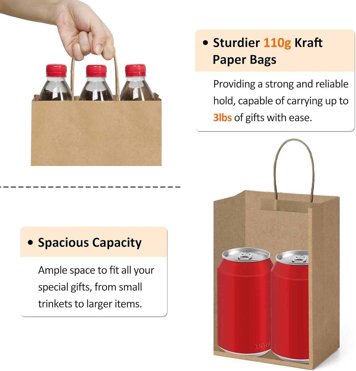 BagDream Small Gift Bags with Handles 50Pcs 5.25x3x8 Inches Kraft Paper Bags Bulk for Party Favor, Retail, Wedding, Gifts, Recyclable Brown Paper Sacks
