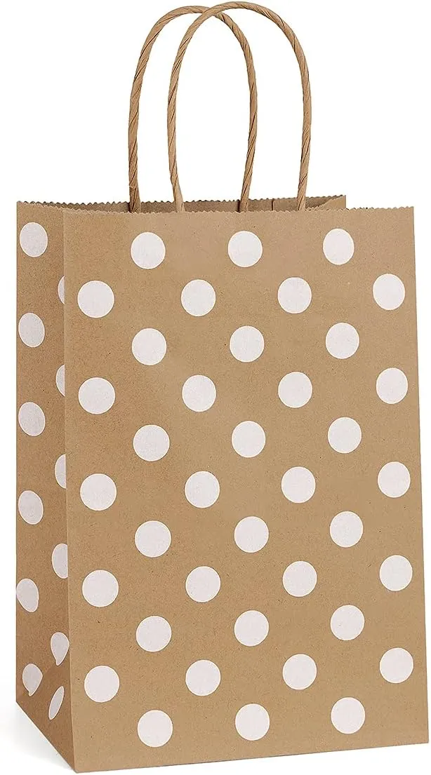 BagDream Small Paper Gift Bags 25Pcs 5.25x3x8 Inches With Handles, Shopping Party Bags Recyclable Kraft Brown Dot