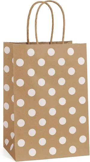 BagDream Small Paper Gift Bags 25Pcs 5.25x3x8 Inches With Handles, Shopping Party Bags Recyclable Kraft Brown Dot