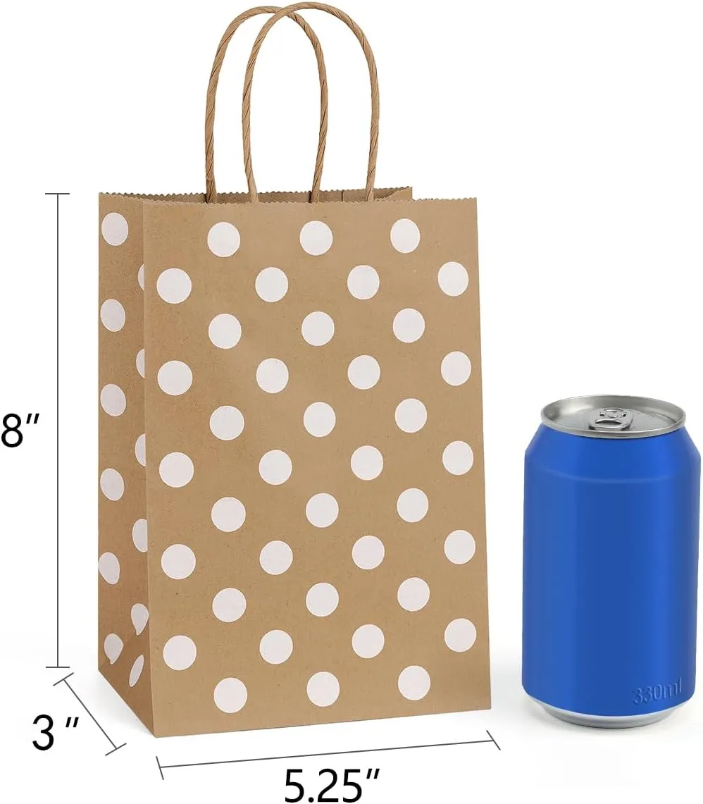 BagDream Small Paper Gift Bags 25Pcs 5.25x3x8 Inches With Handles, Shopping Party Bags Recyclable Kraft Brown Dot