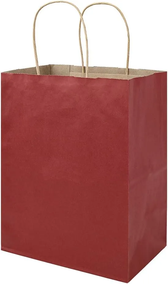 bagmad 100 Pack 8x4.75x10 Inch Medium Red Gift Paper Bags with Handles Bulk, Kraft Bags, Craft Grocery Shopping Retail Party Favors Wedding Business Sacks (Red, 100pcs)