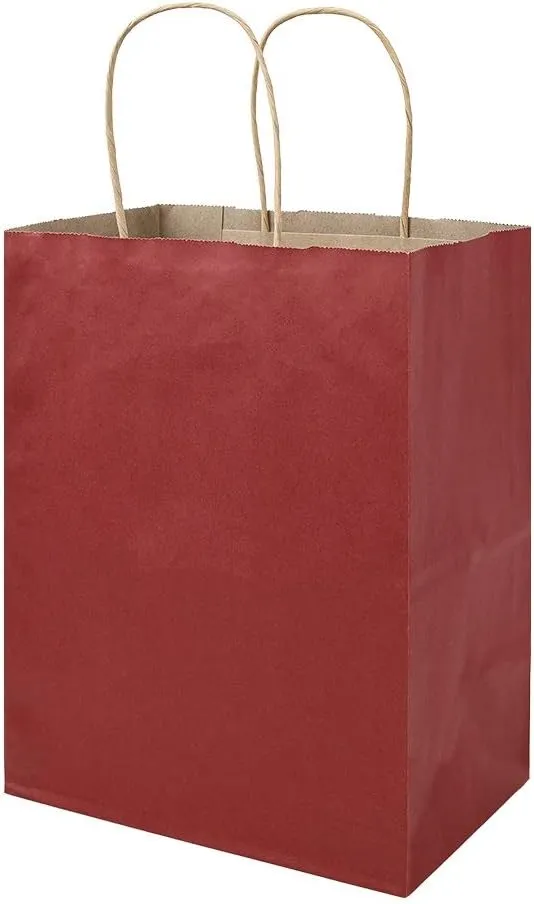 bagmad 100 Pack 8x4.75x10 Inch Medium Red Gift Paper Bags with Handles Bulk, Kraft Bags, Craft Grocery Shopping Retail Party Favors Wedding Business Sacks (Red, 100pcs)