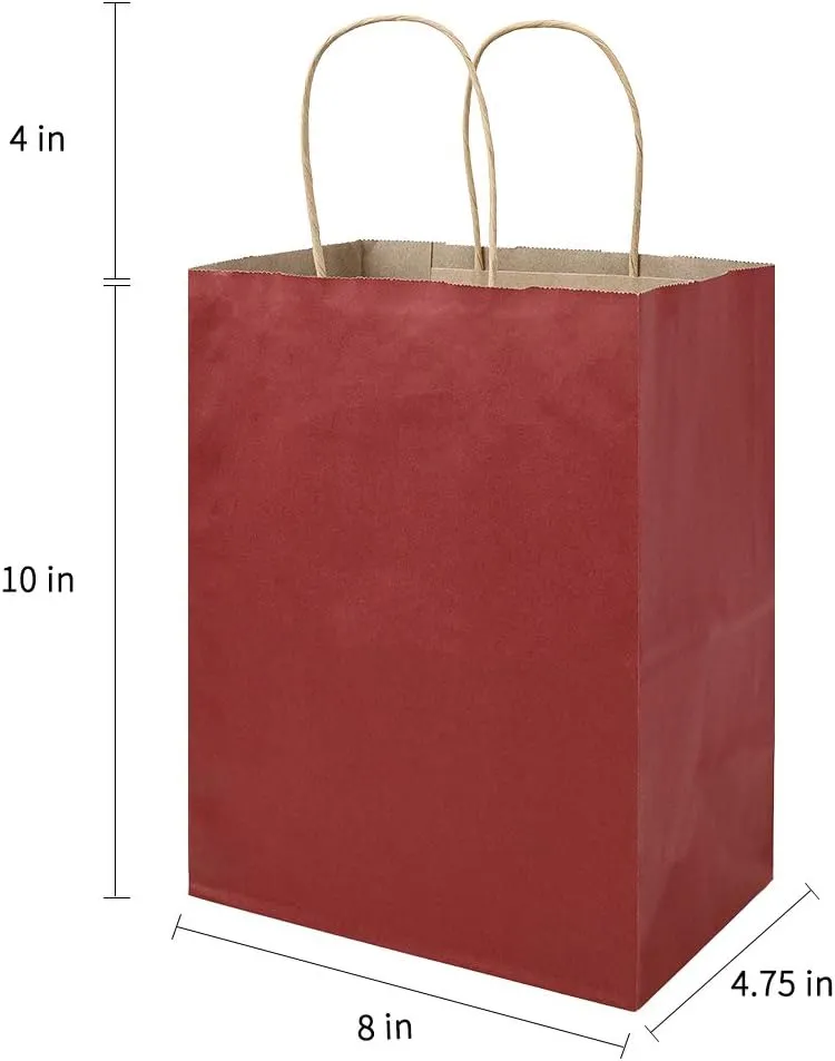 bagmad 100 Pack 8x4.75x10 Inch Medium Red Gift Paper Bags with Handles Bulk, Kraft Bags, Craft Grocery Shopping Retail Party Favors Wedding Business Sacks (Red, 100pcs)