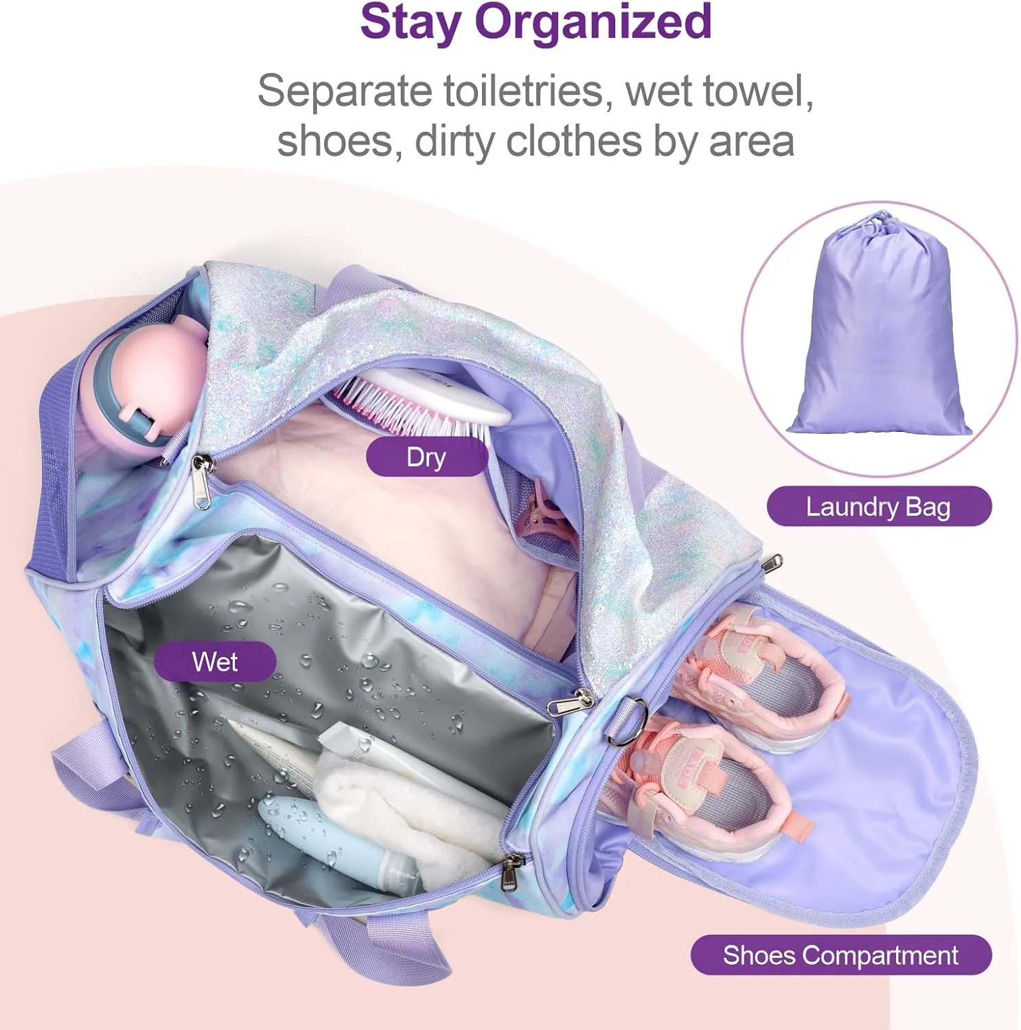 Bagseri Dance Bag for Girls - Ballet Duffle With Shoes Compartment for Kids Above 6yr, Overnight Travel Sleepover Bag With Dry Wet Separation Pockets