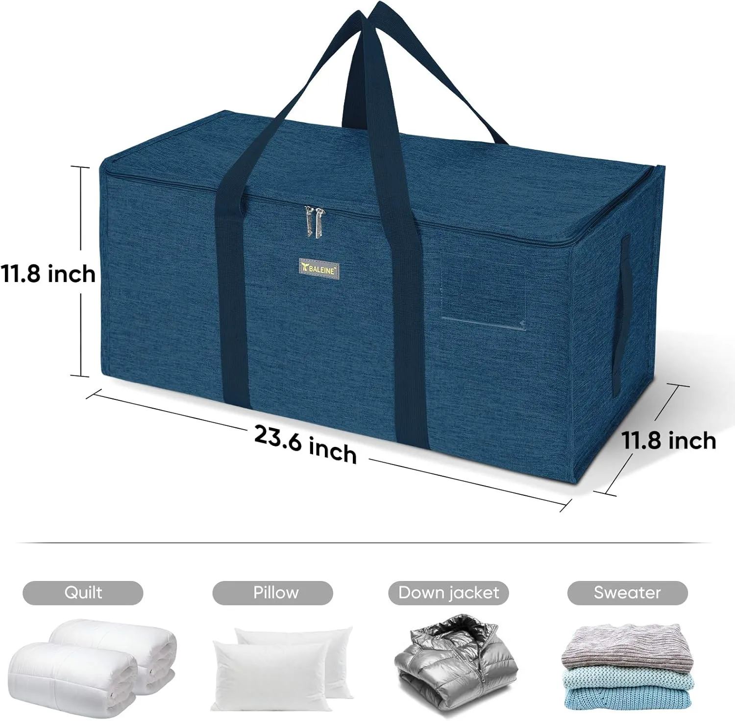 BALEINE Extra Large Storage Tote with Zippers & Carrying Handles, Heavy-Duty Oxford Fabric Moving Bags for Laundry, Space Saving, Storage, Denim Blue