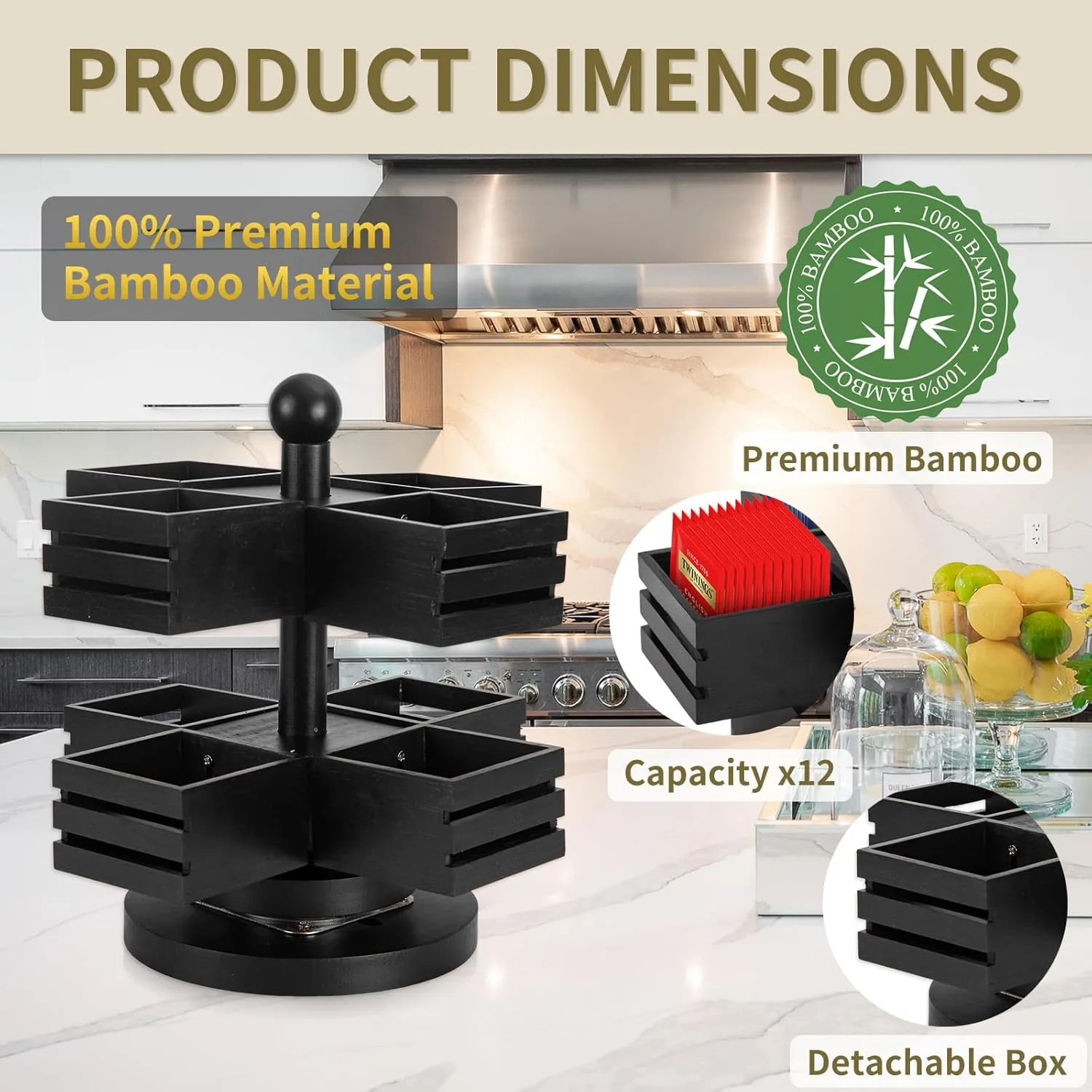 Bamboo Tea Bag Organizer, 2 Tier Stackable Tea Bag Storage Holder Spinning Carousel with 8 Compartments, Rotating Tea Bag Caddy for Kitchen Counter Cabinet, Up to 96 Tea Bag Storage