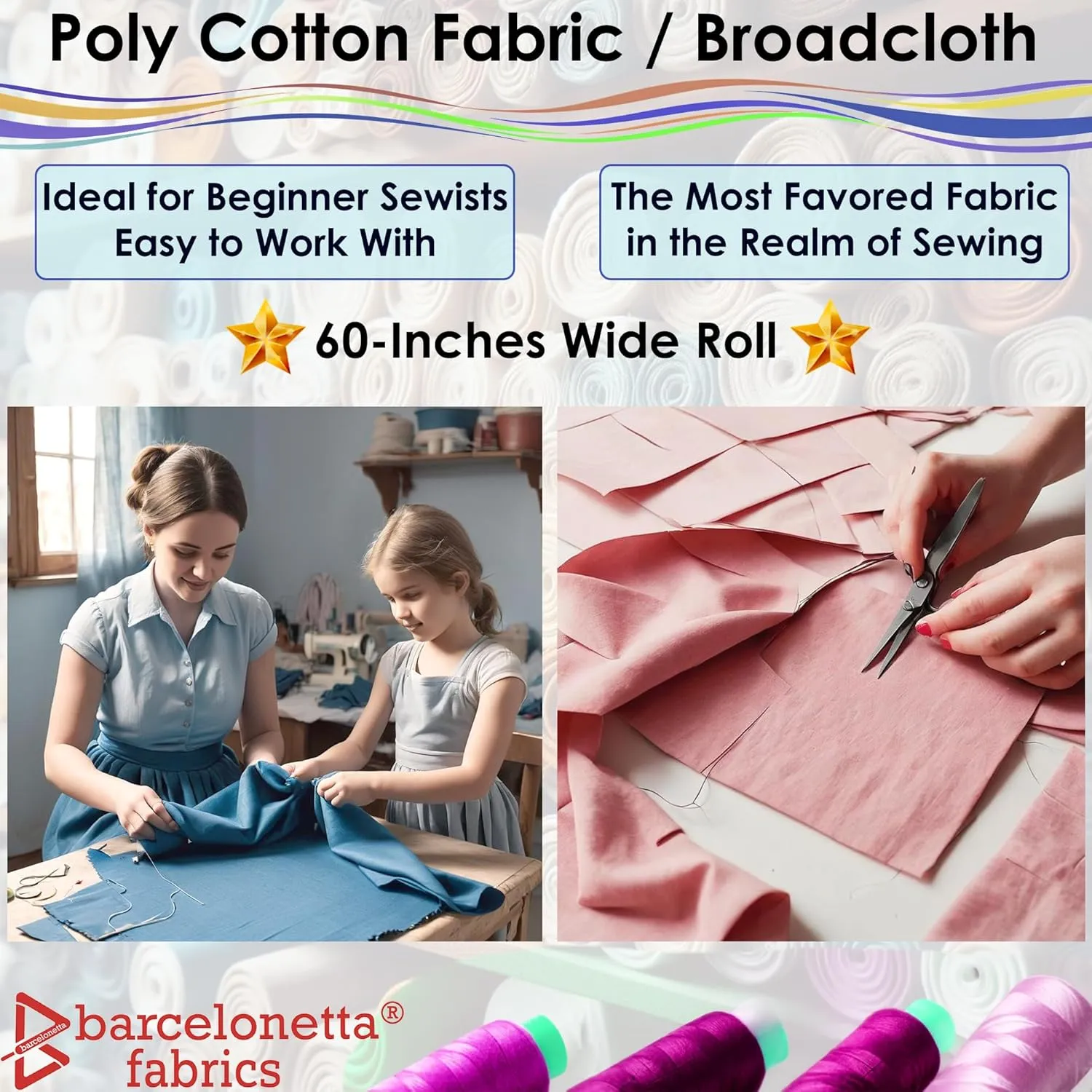 Barcelonetta | Poly Cotton Fabric for Sewing | Broadcloth Fabric | by The Yard | 60" Wide Roll | Lightweight, Breathable | Lining, Home Textile, Skirts, Tote Bags (White, 2 Yard)