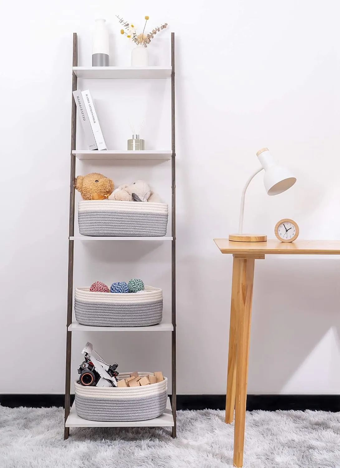 Baskets for Shelf Storage Cute Basket to Store and Organize Household Items/Woven Rope Basket for Living Room, Bedroom,Playroom/Durable Small Oval-13x8.66x5.11’’,3 Packs Off White&Gray