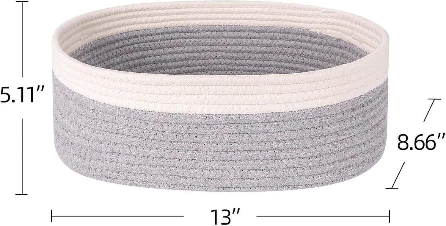 Baskets for Shelf Storage Cute Basket to Store and Organize Household Items/Woven Rope Basket for Living Room, Bedroom,Playroom/Durable Small Oval-13x8.66x5.11’’,3 Packs Off White&Gray