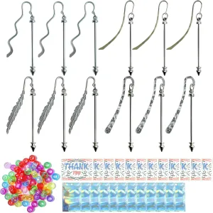 Beadable Bookmarks 12 Pcs Silver Beadable Blank Bars in Different Designs 12 Pcs Resealable Pouch Bags 12 Pcs Thank You Cards 100 Pcs Pony Beads Gift for Book Lovers Teacher Office Supplies
