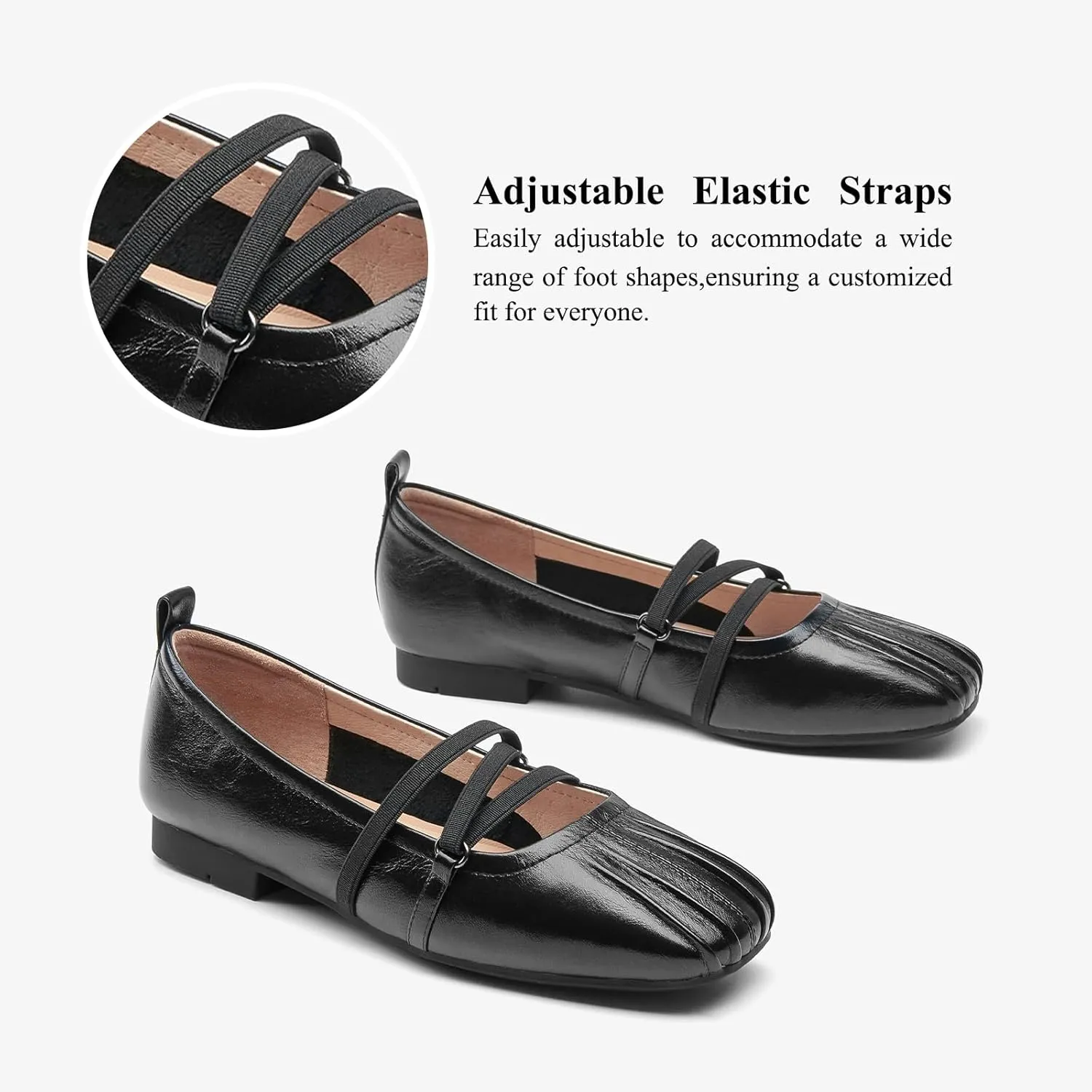 BEAU TODAY Mary Jane Shoes Women, Leather Flats Shoes for Women, Genuine Ballet Flats for Women with Adjustable Strap, Comfortable Square Toe Mary Jane Flats Dreesy