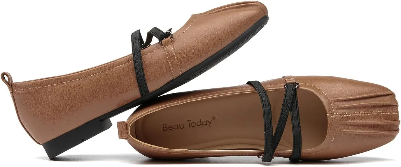 BEAU TODAY Mary Jane Shoes Women, Leather Flats Shoes for Women, Genuine Ballet Flats for Women with Adjustable Strap, Comfortable Square Toe Mary Jane Flats Dreesy